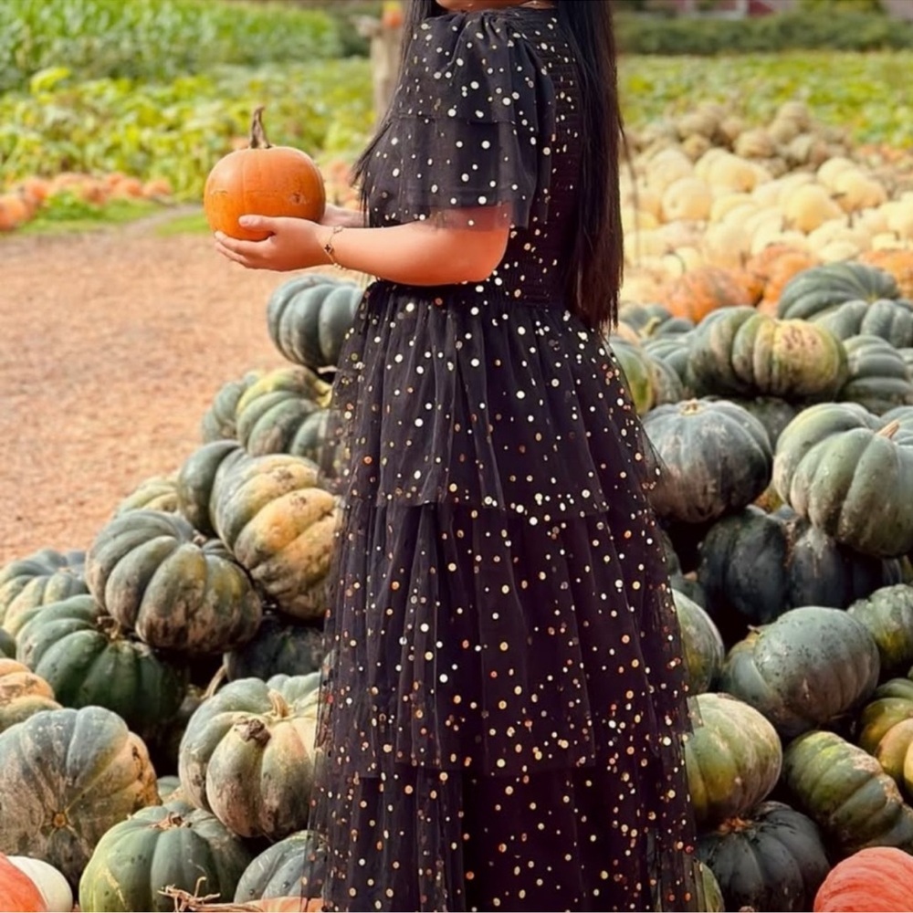 Nolia Bae- Black Dress with Gold Polka Dots